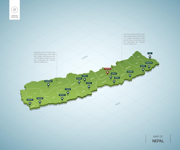 Mapa estilizado de nepal. mapa verde 3d isométrico con ciudades, fronteras, capital katmandú, regiones.