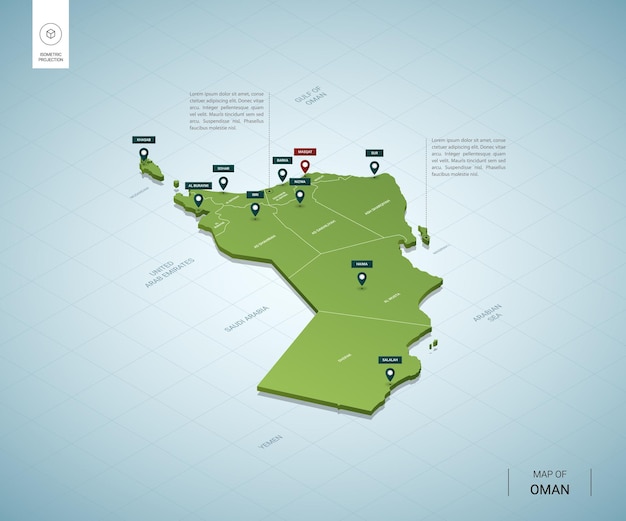 Mapa estilizado de omán. mapa verde 3d isométrico con ciudades, fronteras, capital muscat, regiones.