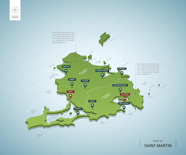 Mapa estilizado de San Martín. Mapa verde 3D isométrico con ciudades, fronteras, capital, regiones.
