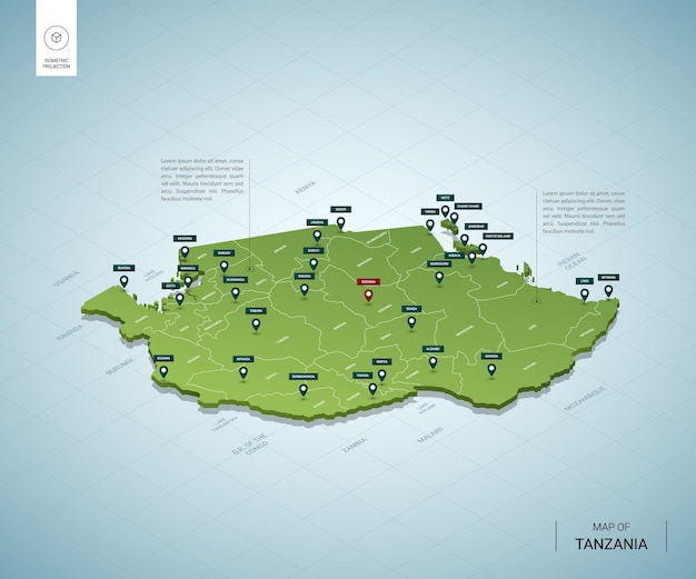 Mapa estilizado de tanzania mapa verde 3d isométrico con ciudades, fronteras, capitales, regiones