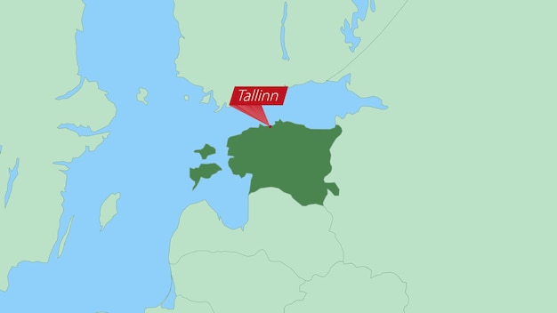 Mapa de Estonia con pin de la capital del país