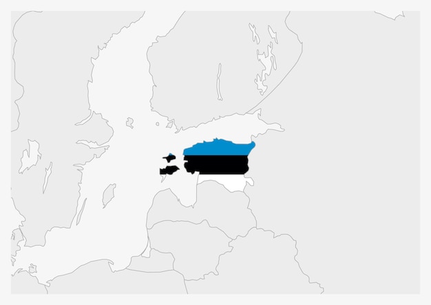 Mapa de Estonia resaltado en el mapa gris de los colores de la bandera de Estonia con los países vecinos