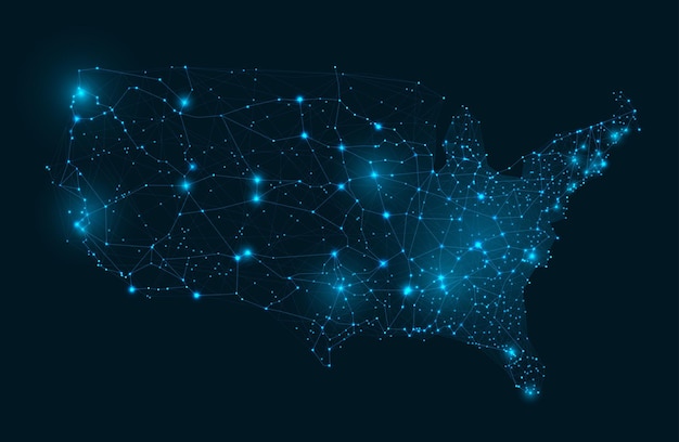 Mapa de estructura alámbrica de cuadrícula de EE. UU. Red conectada de capitales de estados de América Comunicaciones de Internet estadounidenses e ilustración de vector de mapa digital futurista