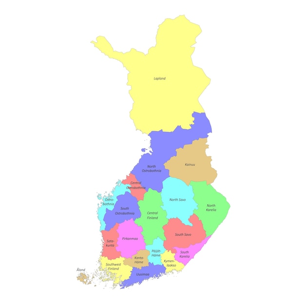 Mapa etiquetado de alta calidad de Finlandia con fronteras de las regiones
