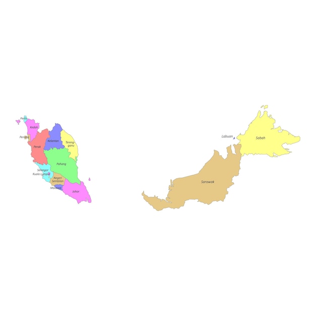Vector mapa etiquetado de alta calidad con las fronteras de malasia de las regiones