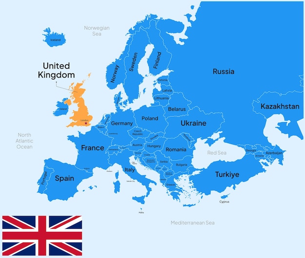 Mapa de Europa destacado en Reino Unido Reino Unido País con bandera y capital