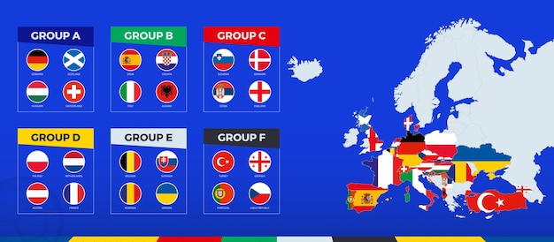 Vector mapa de europa con resaltado el torneo europeo de fútbol 2024 países participantes colección de banderas