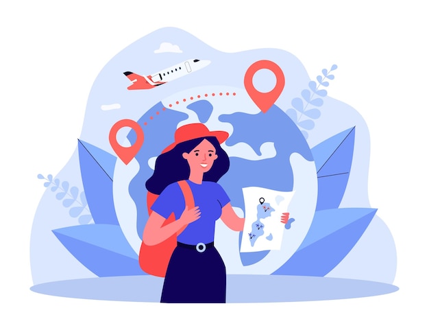 Mapa de explotación turístico feliz delante del globo con pines de ubicación. Mujer con mochila, avión en la ilustración de vector plano de fondo. Viajar, concepto de turismo para banner, diseño de sitios web o página de destino