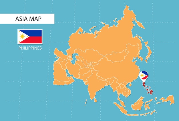 Mapa de Filipinas en Asia, iconos que muestran la ubicación y las banderas de Filipinas.