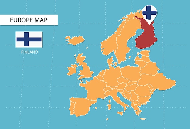 Mapa de Finlandia en Europa, iconos que muestran la ubicación y las banderas de Finlandia.