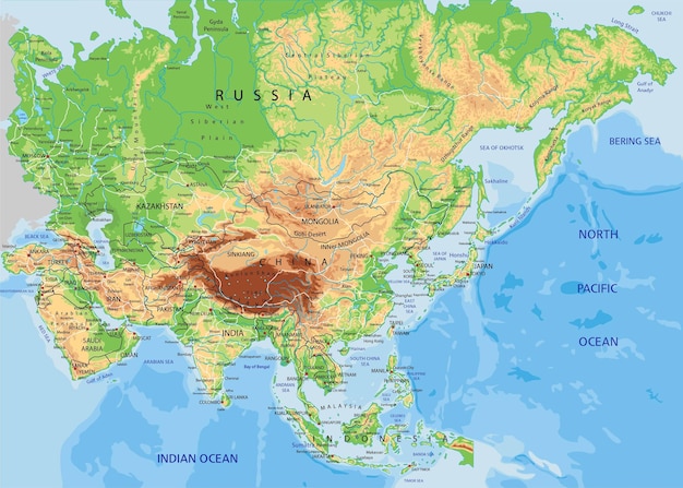 Mapa físico de Asia muy detallado con etiquetado
