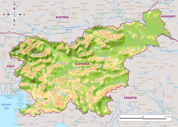 Mapa físico detallado de Eslovenia