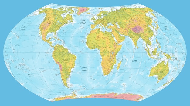 Vector mapa físico detallado del mundo proyección de wagner vii