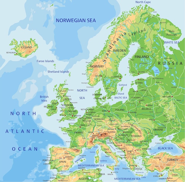 Mapa físico de Europa muy detallado con etiquetado