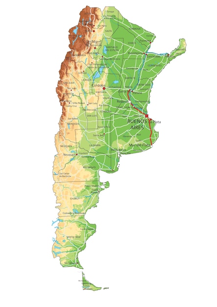 Mapa físico muy detallado de Argentina con etiquetado