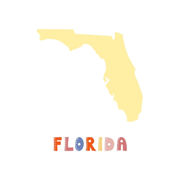 Mapa de Florida aislado. Colección USA. Mapa de Florida - silueta amarilla. Letras de estilo garabatos en blanco