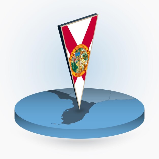 Mapa de Florida en estilo isométrico redondo con bandera triangular en 3D del estado estadounidense de Florida