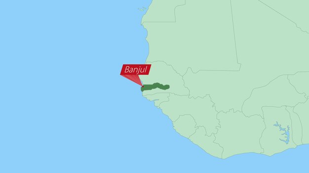 Mapa de Gambia con pin de capital del país