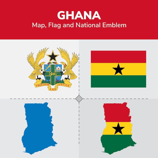 Mapa de ghana, bandera y emblema nacional