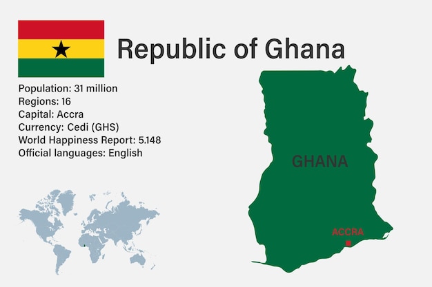Mapa de Ghana muy detallado con capital de bandera y pequeño mapa del mundo