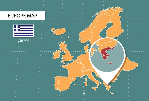 Vector mapa de grecia en europa iconos de versión de zoom que muestran la ubicación y las banderas de grecia