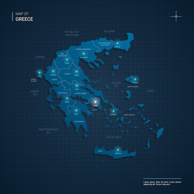 Mapa de Grecia con puntos de luz de neón azul - triángulo en gradiente azul oscuro