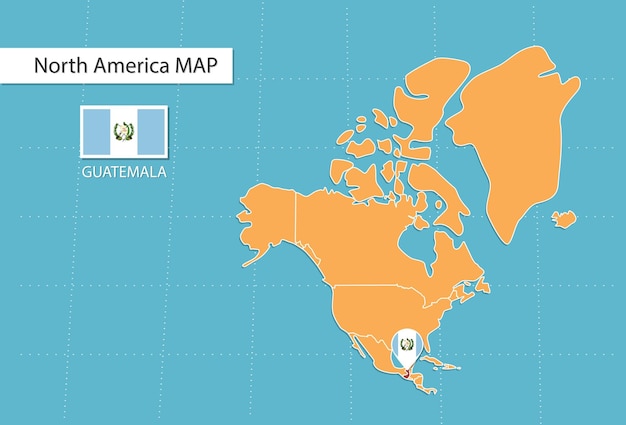 Mapa de Guatemala en América, íconos que muestran la ubicación y banderas de Guatemala.