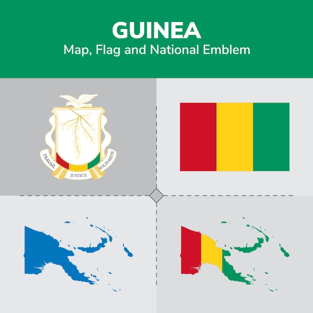 Mapa de guinea, bandera y emblema nacional