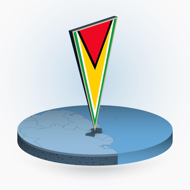 Vector mapa de guyana en estilo isométrico redondo con bandera triangular 3d de guyana