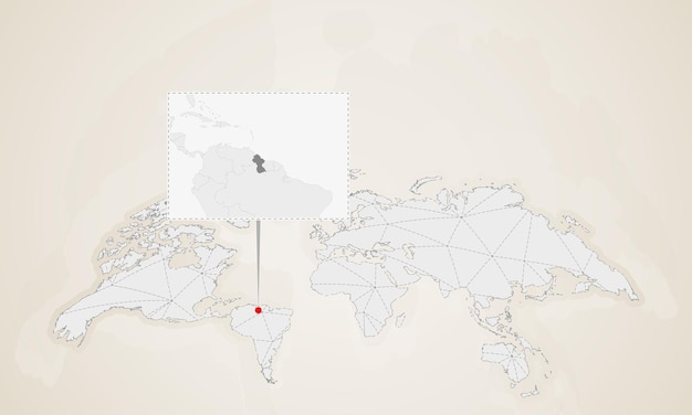 Mapa de guyana con países vecinos fijados en el mapa mundial