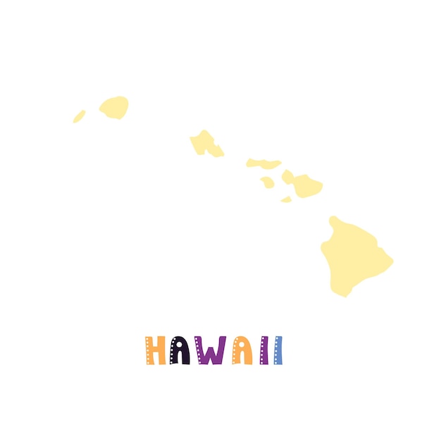 Mapa de hawaii aislado. colección usa. mapa de hawaii - silueta amarilla. letras de estilo garabatos en blanco