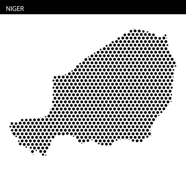 Mapa hexagonal de puntos en blanco y negro de Níger que destaca las características geográficas