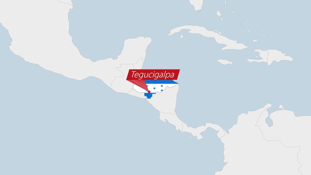 Mapa de honduras resaltado en los colores de la bandera de honduras y pin de la capital del país, tegucigalpa