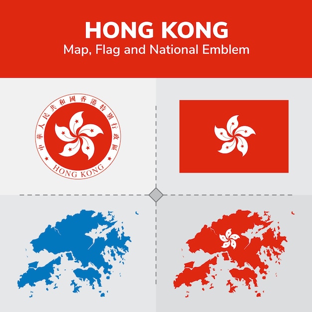 Mapa de hong kong, bandera y emblema nacional