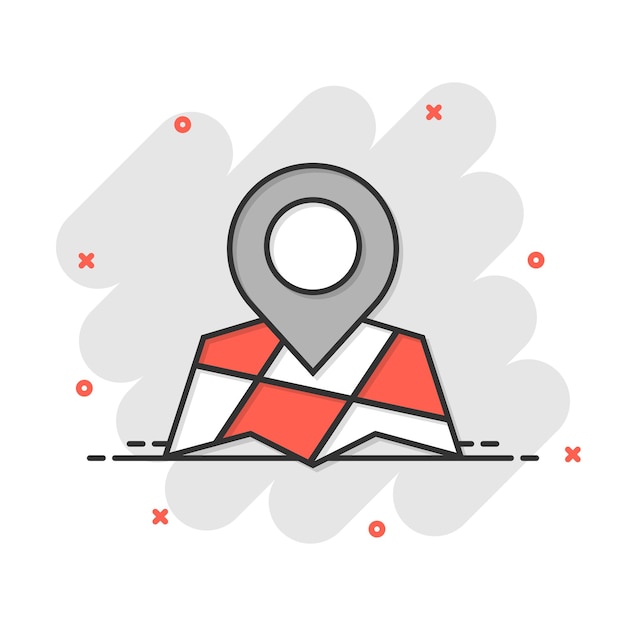 Mapa con icono de lupa en estilo cómico Gps navegación ilustración vectorial de dibujos animados en fondo blanco aislado Localizar la posición efecto salpicaduras concepto de negocio