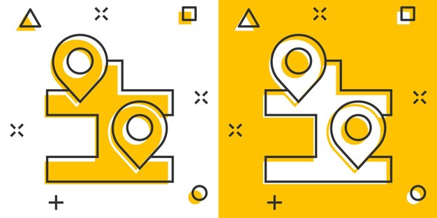Mapa con icono de lupa en estilo cómico Gps navegación ilustración vectorial de dibujos animados en fondo blanco aislado Localizar la posición efecto salpicaduras concepto de negocio