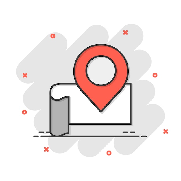 Mapa con icono de lupa en estilo cómico Ilustración de vector de dibujos animados de navegación GPS sobre fondo blanco aislado Localice el concepto de negocio de efecto de salpicadura de posición