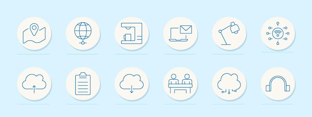 Mapa y iconos al aire libre conjunto Mapa de ubicación globo con líneas de latitud máquina de café correo electrónico en el portátil lámpara de escritorio WiFi símbolo nube icono clipboard nube cargar dos personas en un escritorio