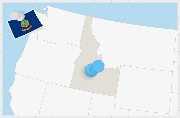 Vector mapa de idaho con un alfiler azul anclado bandera de idaho