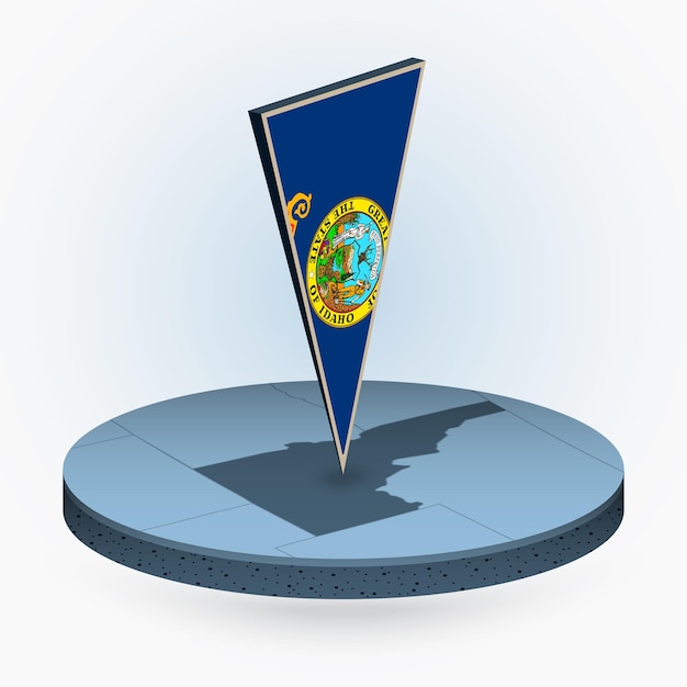 Mapa de Idaho en estilo isométrico redondo con bandera triangular en 3D del estado estadounidense de Idaho