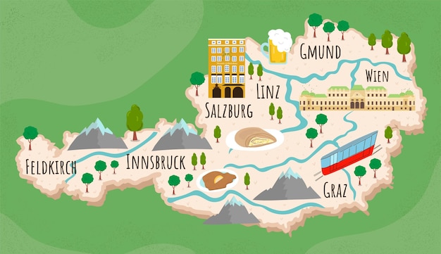 Mapa ilustrado de austria ilustración de viaje con puntos de referencia, edificios, alimentos y plantas.