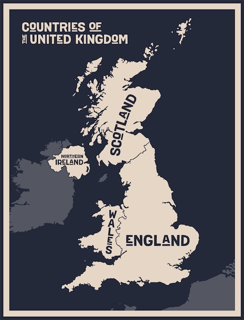 Mapa impreso en blanco y negro de los países del reino unido