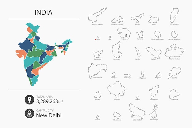 Mapa de India con mapa detallado del país Elementos del mapa de ciudades áreas totales y capital