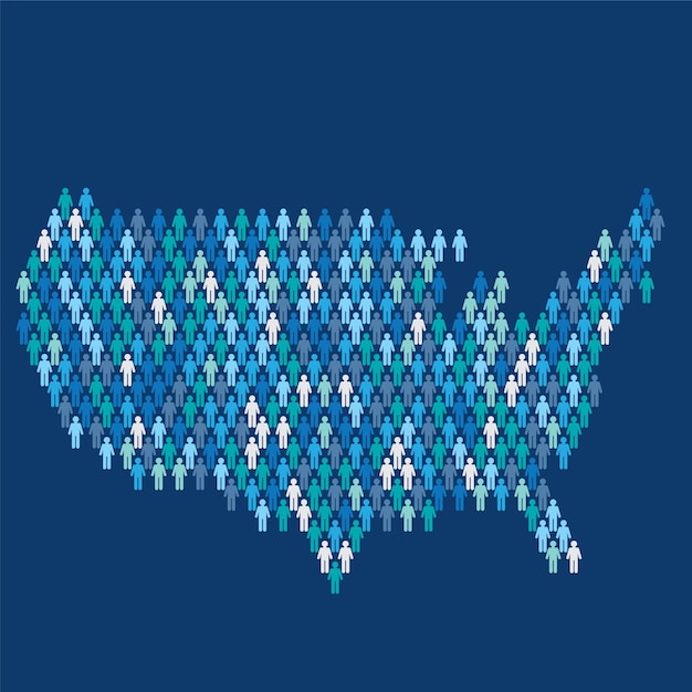 Vector mapa infográfico de población de estados unidos hecho de personas con figuras de palo