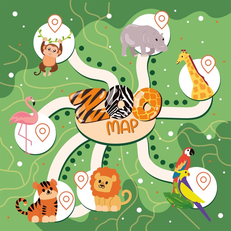 Vector mapa interactivo de color del zoológico con animales lindos ilustración vectorial