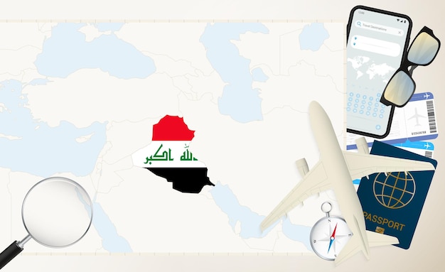 Mapa de Irak y avión de carga de bandera en el mapa detallado de Irak con bandera