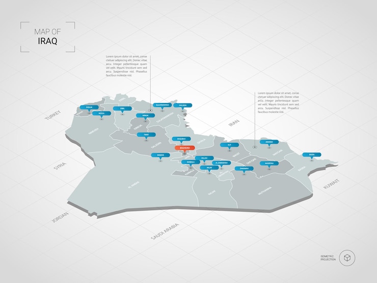 Vector mapa de irak isométrica. ilustración de mapa estilizado con ciudades, fronteras, capitales, divisiones administrativas y marcas de puntero; fondo degradado con rejilla.