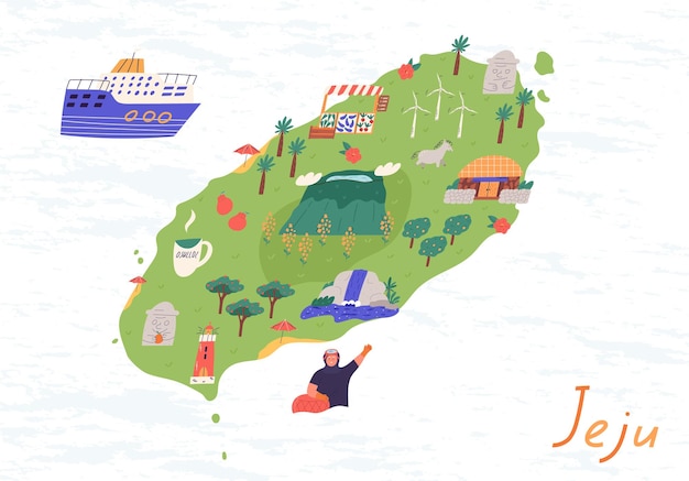 Mapa de la isla coreana de jeju con puntos de referencia y elementos lindos ilustración vectorial plana de dibujos animados