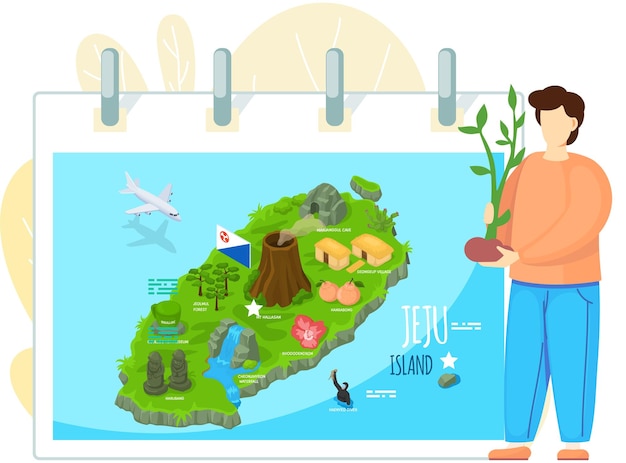 Mapa de la isla de jeju en estilo de dibujos animados con principales atracciones e inscripciones hermosa isla verde en corea del sur con varios símbolos de jeju voluntario sosteniendo brotes de árboles protección ambiental