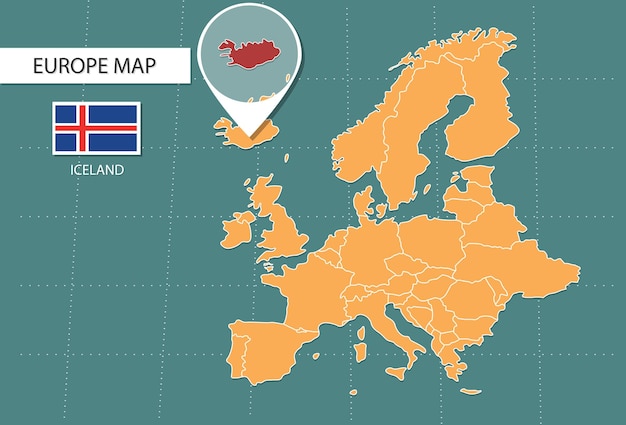 mapa de islandia en Europa iconos de la versión de zoom que muestran la ubicación y las banderas de islandia